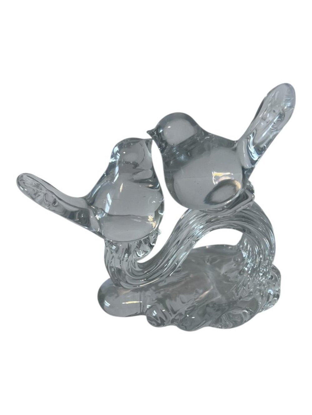 Clear Blown Glass Two Birds on Branch Figurine Lovebirds 3.5 In